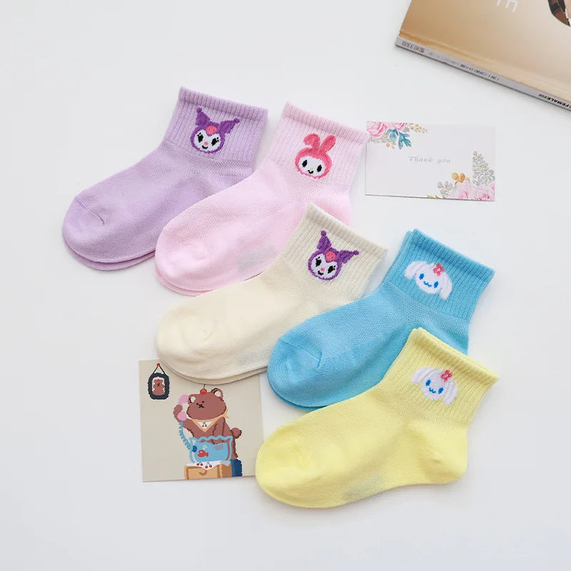 5pcs Kawaii Sanrio Kuromi Socks Cinnamoroll Cute Anime Children's Solid Color Short Socks Girl Baby Children's Short Socks Gift