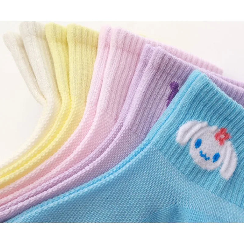 5pcs Kawaii Sanrio Kuromi Socks Cinnamoroll Cute Anime Children's Solid Color Short Socks Girl Baby Children's Short Socks Gift