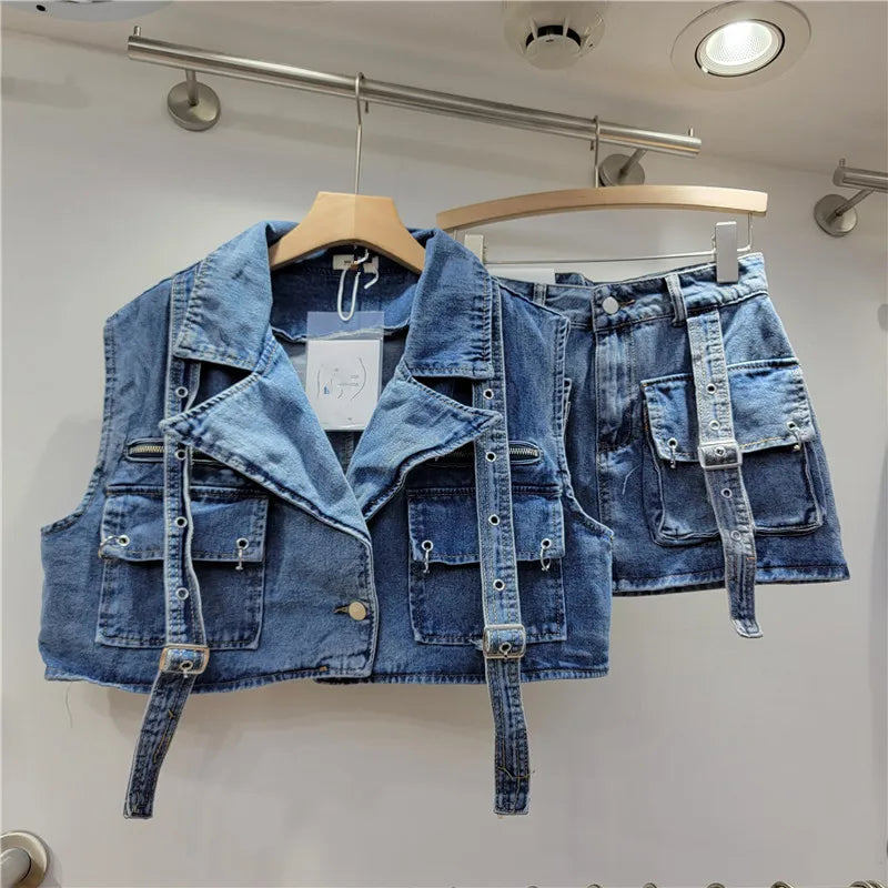 FAGADOER Pink Retro Denim 2 Piece Sets Outfit Women Cargo Big Pockets Jacket + Mini Skirt Matching Set Y2k Clothing Streetwear