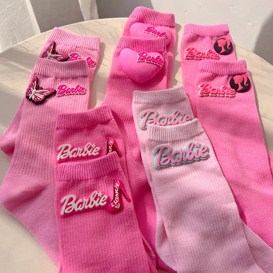 Barbie Crew Socks Girl Ins Kawaii Pink Alphabet heart mid-calf knitted stocking stuffer Womens Clothing Friend Gift Accessory