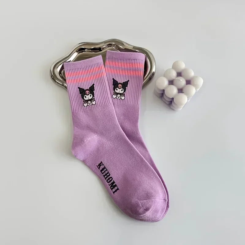 5pairs Cute Sanrio Kuromi Cartoon Mid-Calf Socks for Women - Breathable & Comfortable Cotton Blend Harajuku Girls Socks