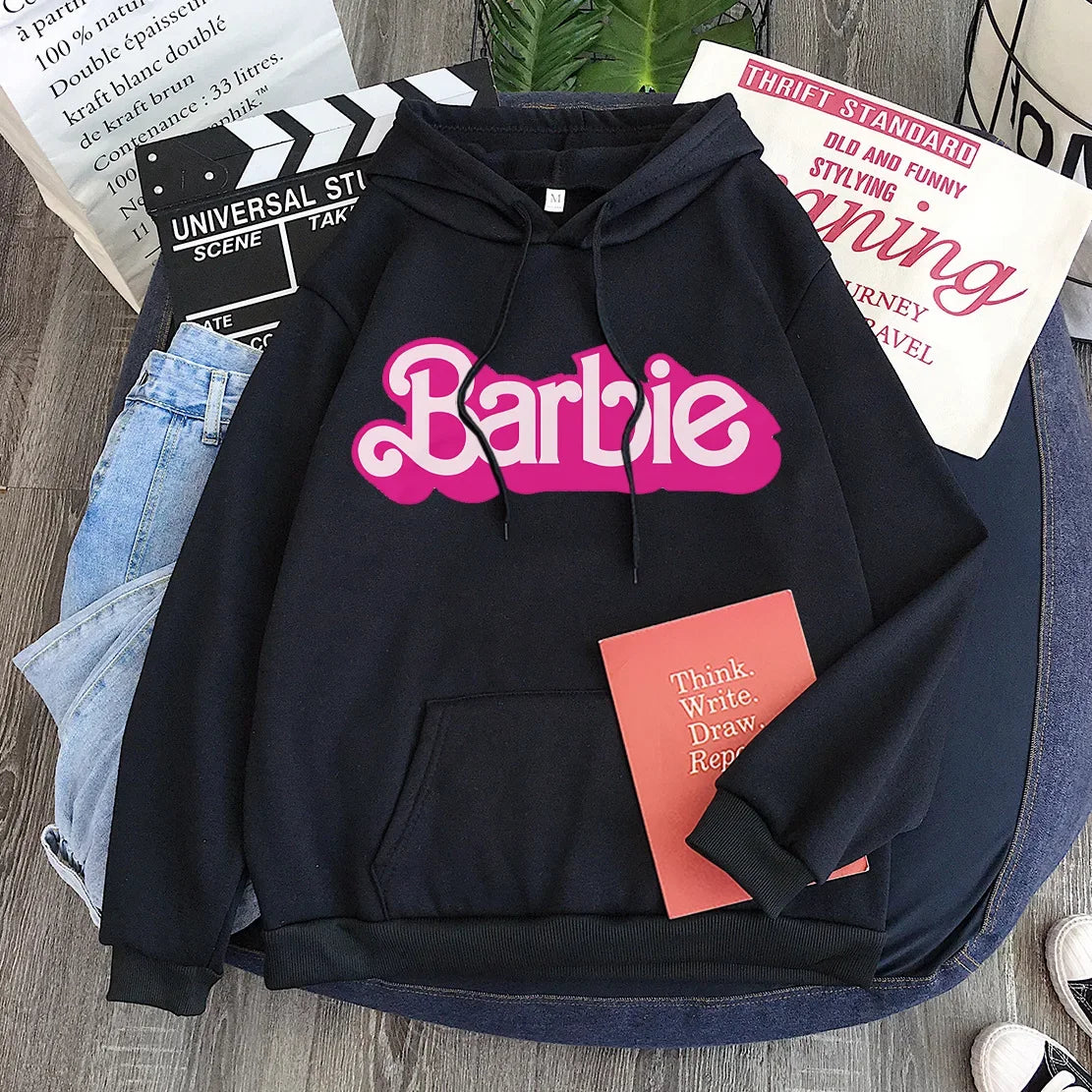 Pink Hoodie Women's Hoodie Cartoon Printed Barbie Spring Fall Long Sleeve Sportswear Girls Clothing Casual Loose Sweatshirt