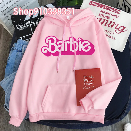 Pink Hoodie Women's Hoodie Cartoon Printed Barbie Spring Fall Long Sleeve Sportswear Girls Clothing Casual Loose Sweatshirt