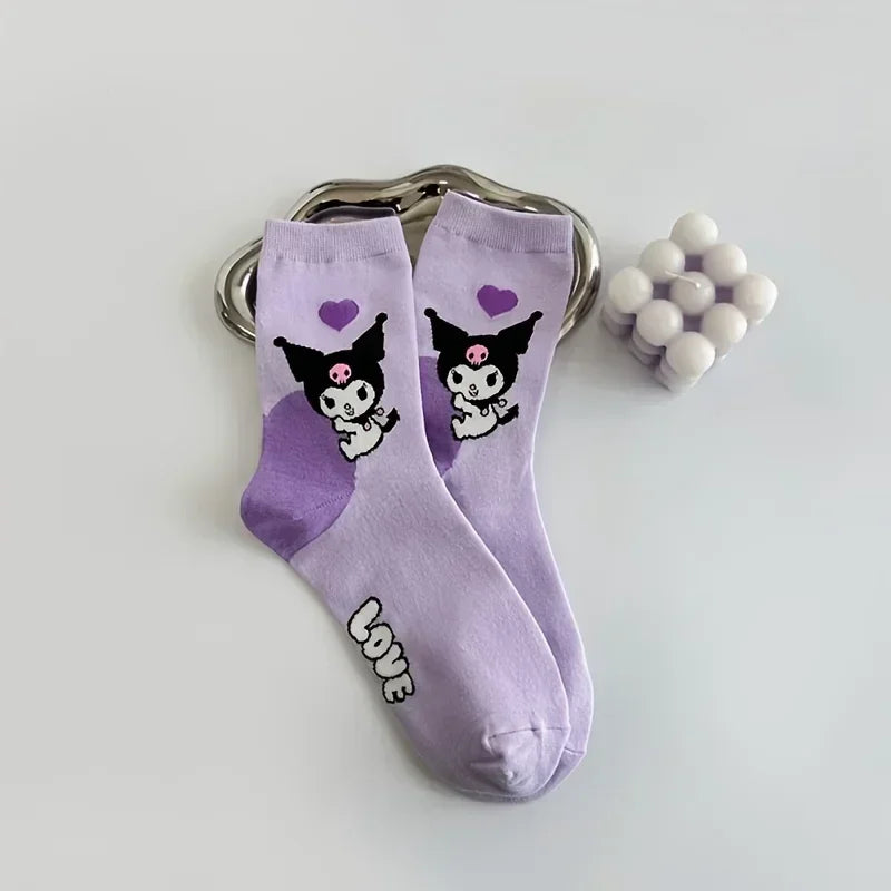 5pairs Cute Sanrio Kuromi Cartoon Mid-Calf Socks for Women - Breathable & Comfortable Cotton Blend Harajuku Girls Socks