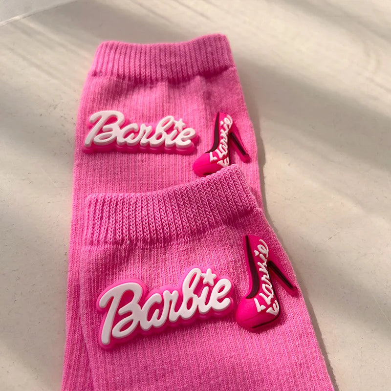 Barbie Crew Socks Girl Ins Kawaii Pink Alphabet heart mid-calf knitted stocking stuffer Womens Clothing Friend Gift Accessory