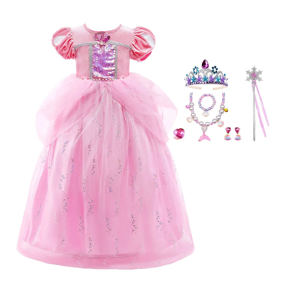 Princess Ariel Party Ball Gown for Girls The Little Mermaid Deluxe Carnival Cosplay Costume Children Pink Birthday Fantasy Robes