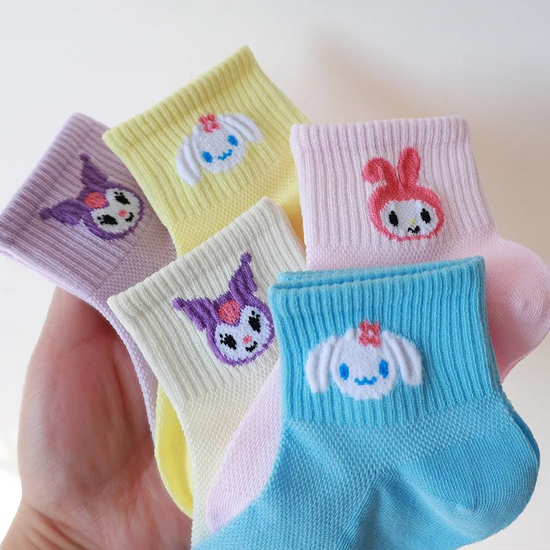 5pcs Kawaii Sanrio Kuromi Socks Cinnamoroll Cute Anime Children's Solid Color Short Socks Girl Baby Children's Short Socks Gift