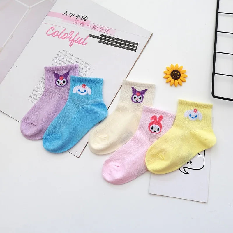 5pcs Kawaii Sanrio Kuromi Socks Cinnamoroll Cute Anime Children's Solid Color Short Socks Girl Baby Children's Short Socks Gift