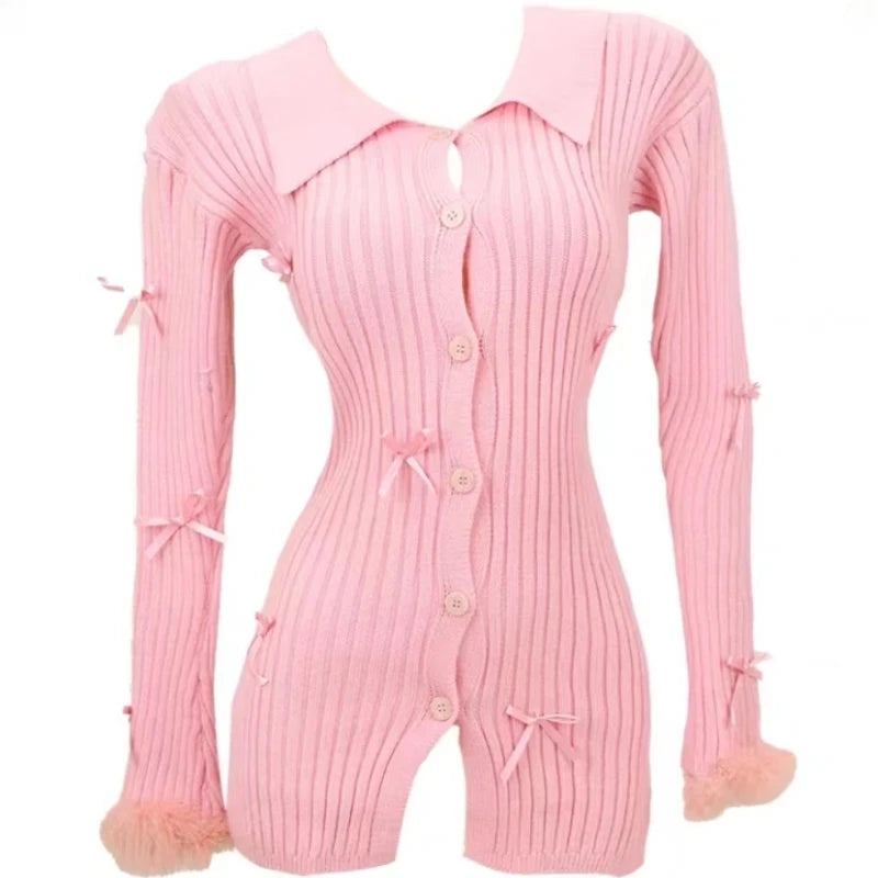 Cute Autumn Pink Knitted Suit Woman Kawaii Elegant Set Korea Fashion Clothing Woman Casual Sweater + Slim Bodycon Y2k Mini Skirt