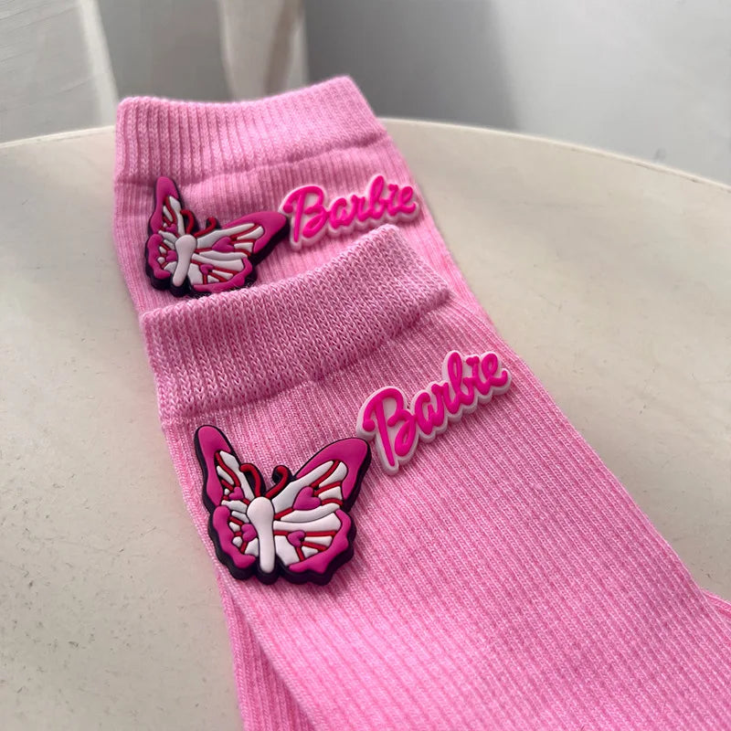 Barbie Crew Socks Girl Ins Kawaii Pink Alphabet heart mid-calf knitted stocking stuffer Womens Clothing Friend Gift Accessory