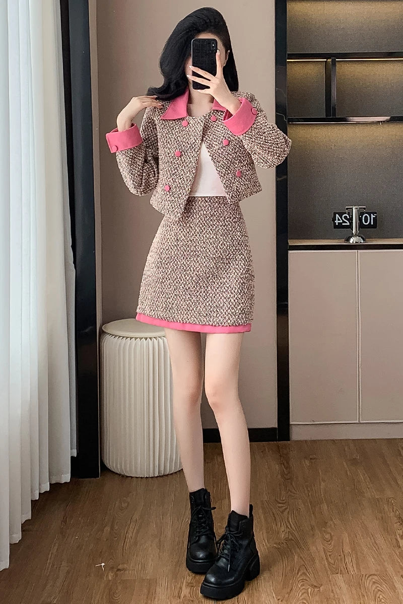 Blazer Mini Skirts Suits Women Short Two Piece Set Autumn Pink Slim