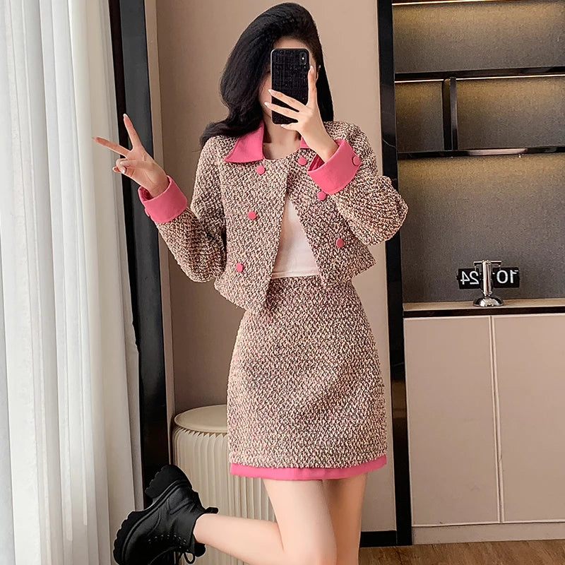 Blazer Mini Skirts Suits Women Short Two Piece Set Autumn Pink Slim