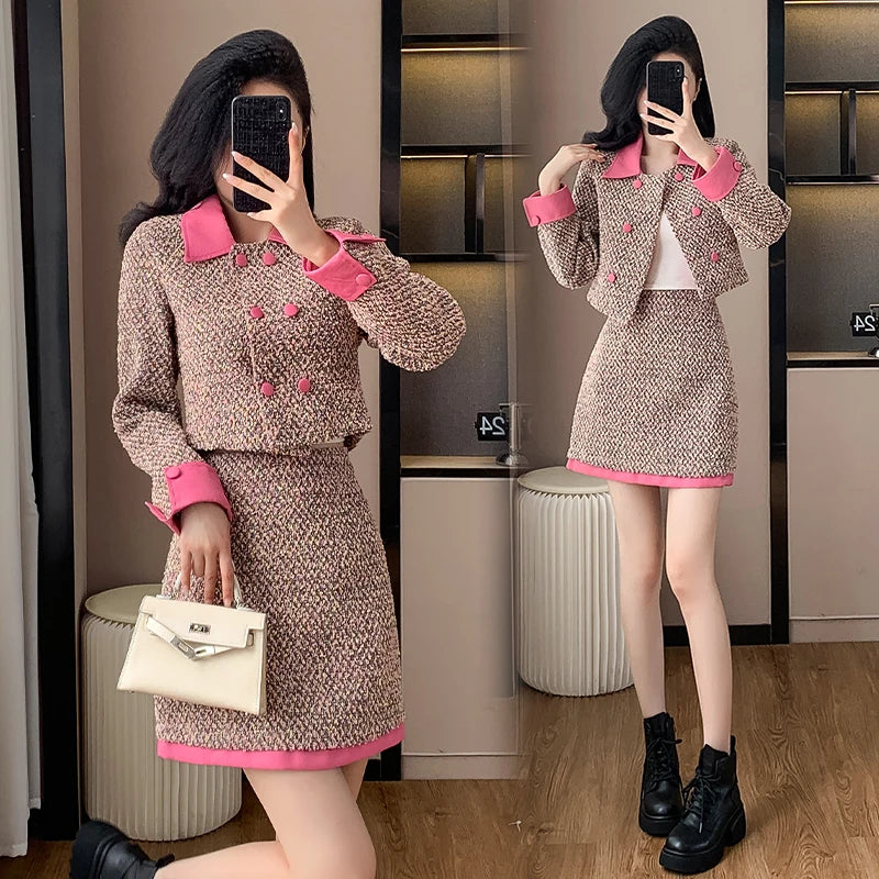 Blazer Mini Skirts Suits Women Short Two Piece Set Autumn Pink Slim