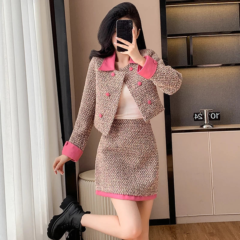 Blazer Mini Skirts Suits Women Short Two Piece Set Autumn Pink Slim