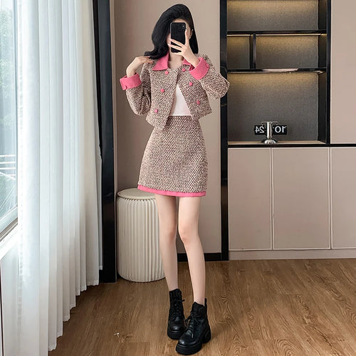 Blazer Mini Skirts Suits Women Short Two Piece Set Autumn Pink Slim