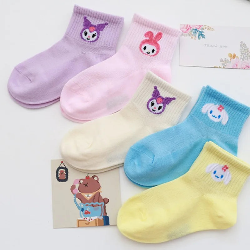 5pcs Kawaii Sanrio Kuromi Socks Cinnamoroll Cute Anime Children's Solid Color Short Socks Girl Baby Children's Short Socks Gift