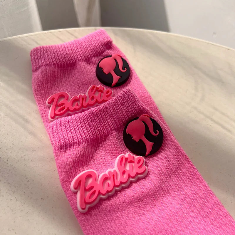 Barbie Crew Socks Girl Ins Kawaii Pink Alphabet heart mid-calf knitted stocking stuffer Womens Clothing Friend Gift Accessory