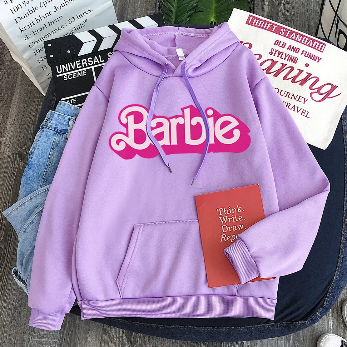 Pink Hoodie Women's Hoodie Cartoon Printed Barbie Spring Fall Long Sleeve Sportswear Girls Clothing Casual Loose Sweatshirt