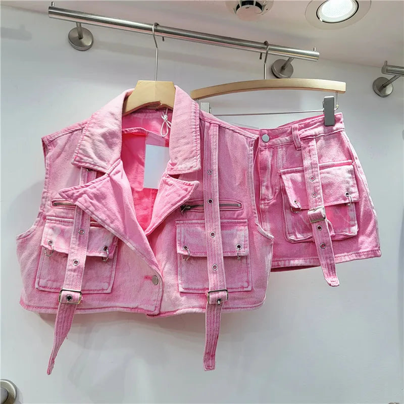 FAGADOER Pink Retro Denim 2 Piece Sets Outfit Women Cargo Big Pockets Jacket + Mini Skirt Matching Set Y2k Clothing Streetwear