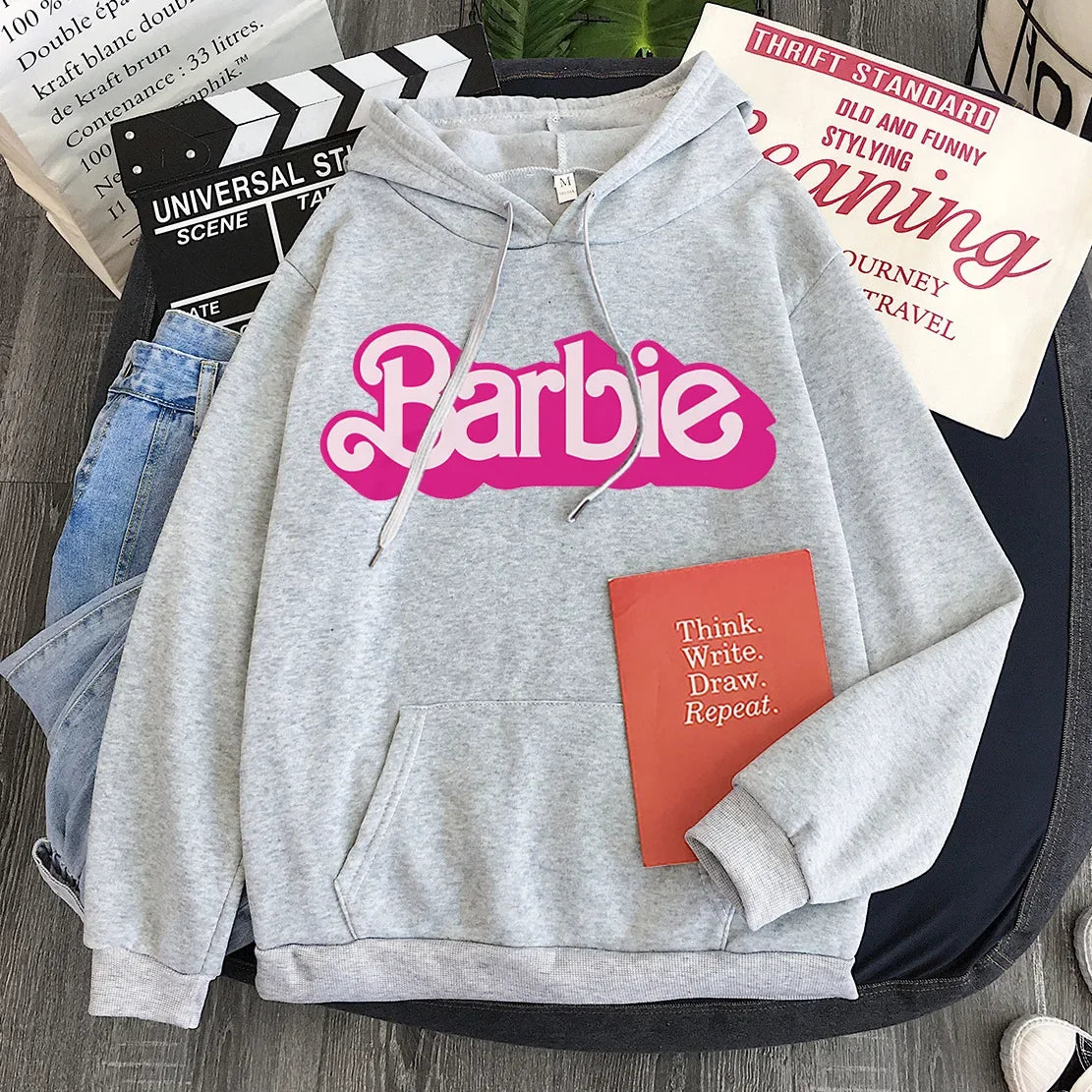 Pink Hoodie Women's Hoodie Cartoon Printed Barbie Spring Fall Long Sleeve Sportswear Girls Clothing Casual Loose Sweatshirt