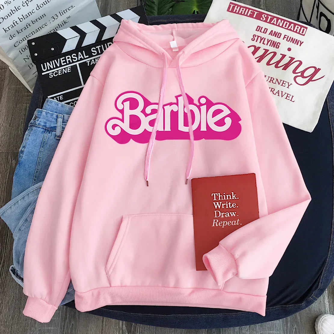 Pink Hoodie Women's Hoodie Cartoon Printed Barbie Spring Fall Long Sleeve Sportswear Girls Clothing Casual Loose Sweatshirt